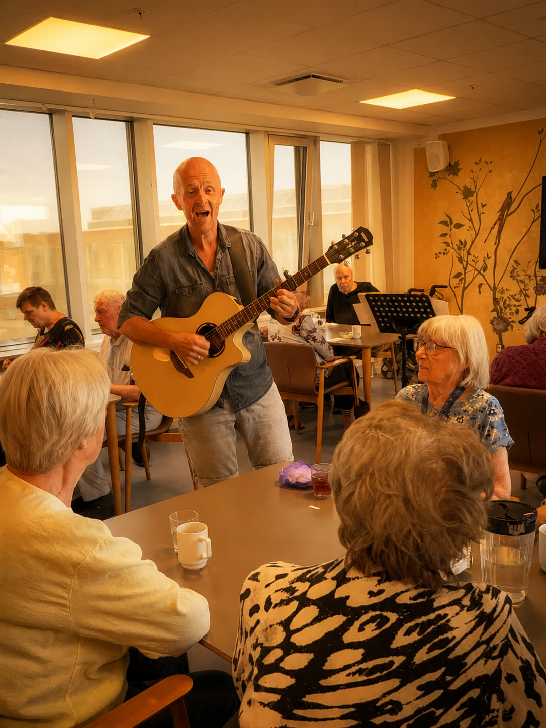 Flere beboere sidder om bordene og synger med, mens Klavs står midt i rummet med guitaren